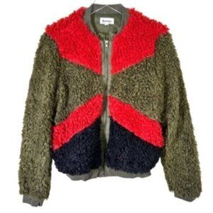 &merci | NWOT Fuzzy Red Black Green Color Block Sherpa Zipper Jacket Size Medium